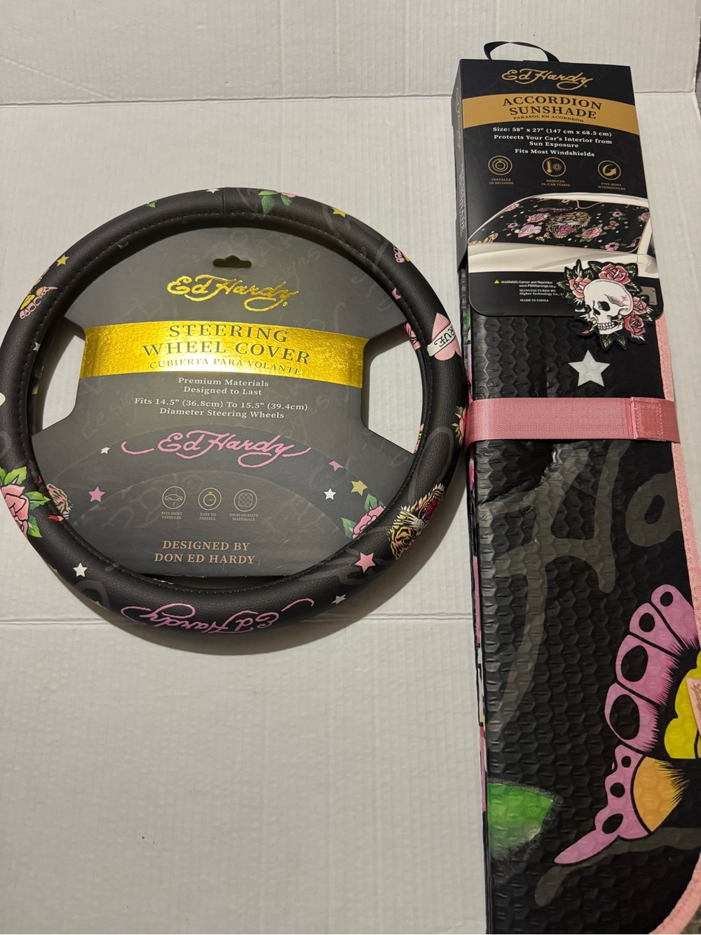 Ed Hardy  Floral and tiger car sunshade and Steering Wheel Cover set BNWT